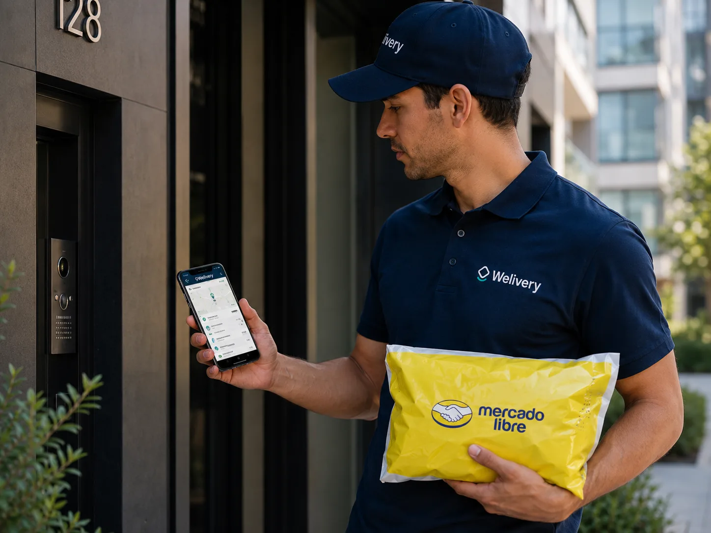 Repartidor de Welivery entregando un paquete de Mercado Libre
